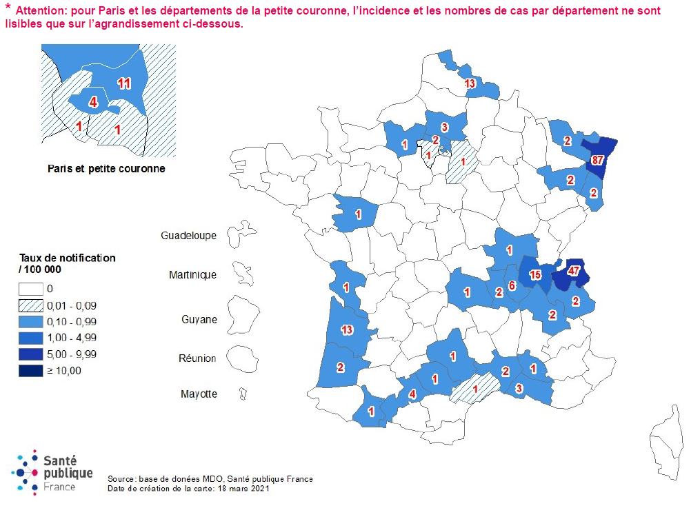 Incidence cumulée et nombre de cas de rougeole déclarés par département* de résidence, France, 1er janvier au 31 décembre 2020 (n=240)